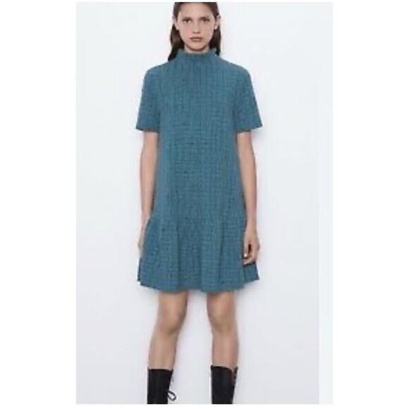 ZARA textured blue green mock turtleneck skater dress fit flare Sz M textured - Picture 2 of 12